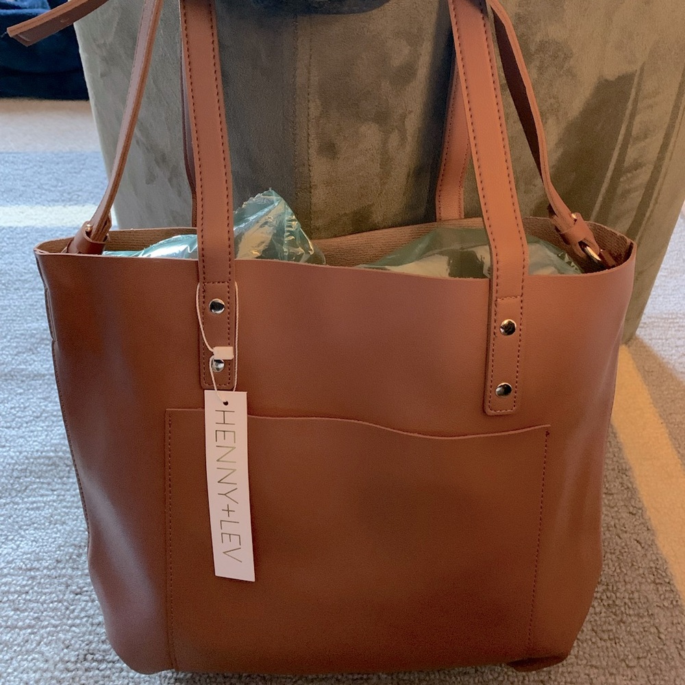 Tan Henny and Lev vegan leather tote with gold hardware